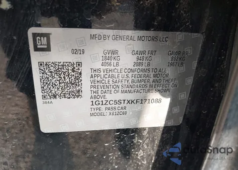 2019 Chevrolet Malibu 1Fl из США, поврежденный, VIN 1G1ZC5STXKF171088